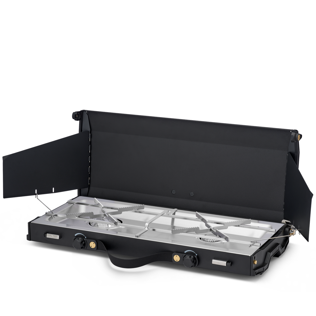 A black portable folding camp stove with two burners, shown open on a clean white background. The stove features a black metal body with silver stainless steel burner grates and control knobs.