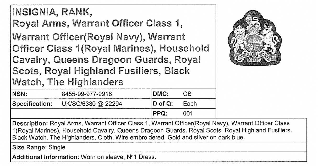 British Military Coat of Arms Insignia Patch - Gold and Silver on Black