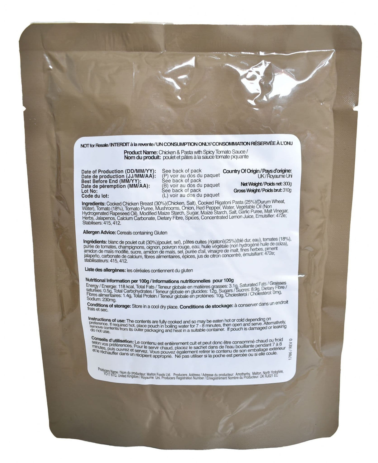 British Military Ration Main Meal Pouch - Chicken & Pasta With Spicy Tomato Sauce 300g