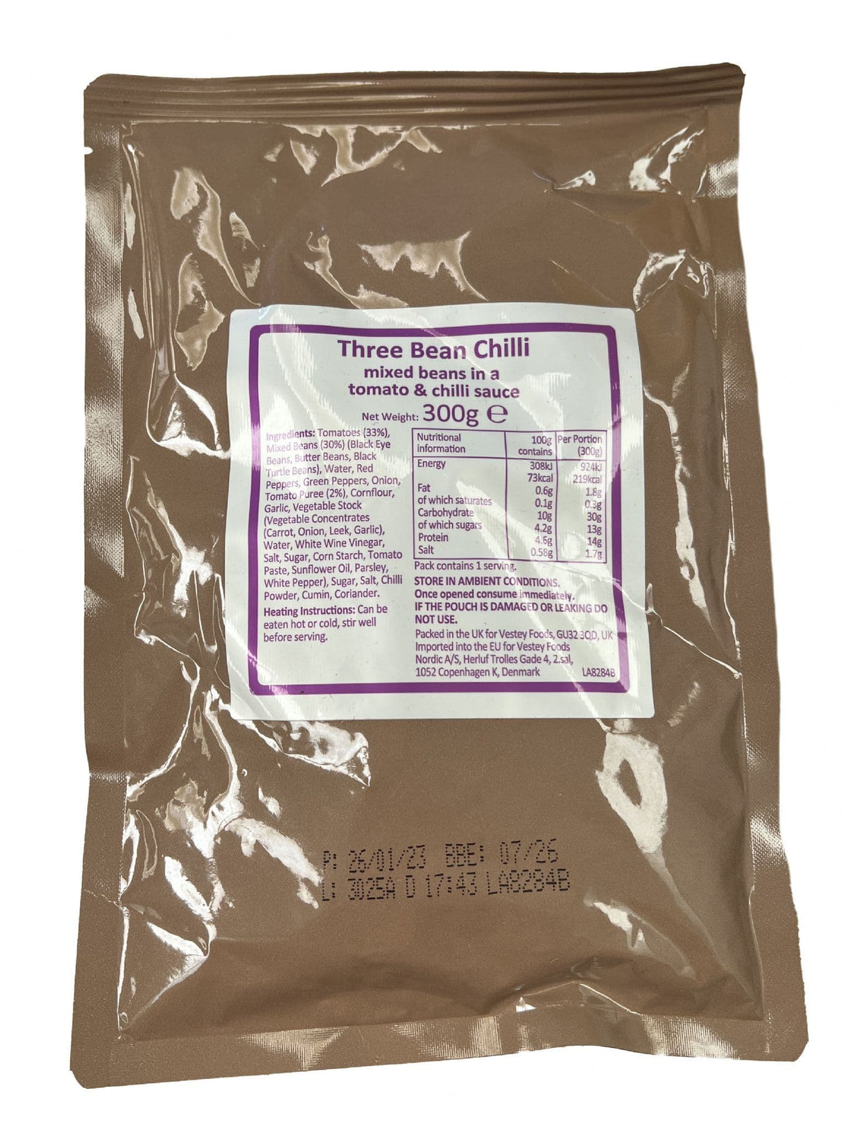 British Military Ration Main Meal Pouch - Vegan Three Bean Chilli 300g