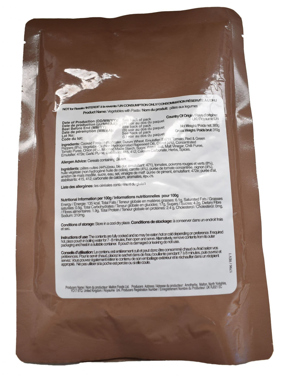 British Military Ration Main Meal Pouch - Vegetarian Pasta In Tomato Sauce 300g