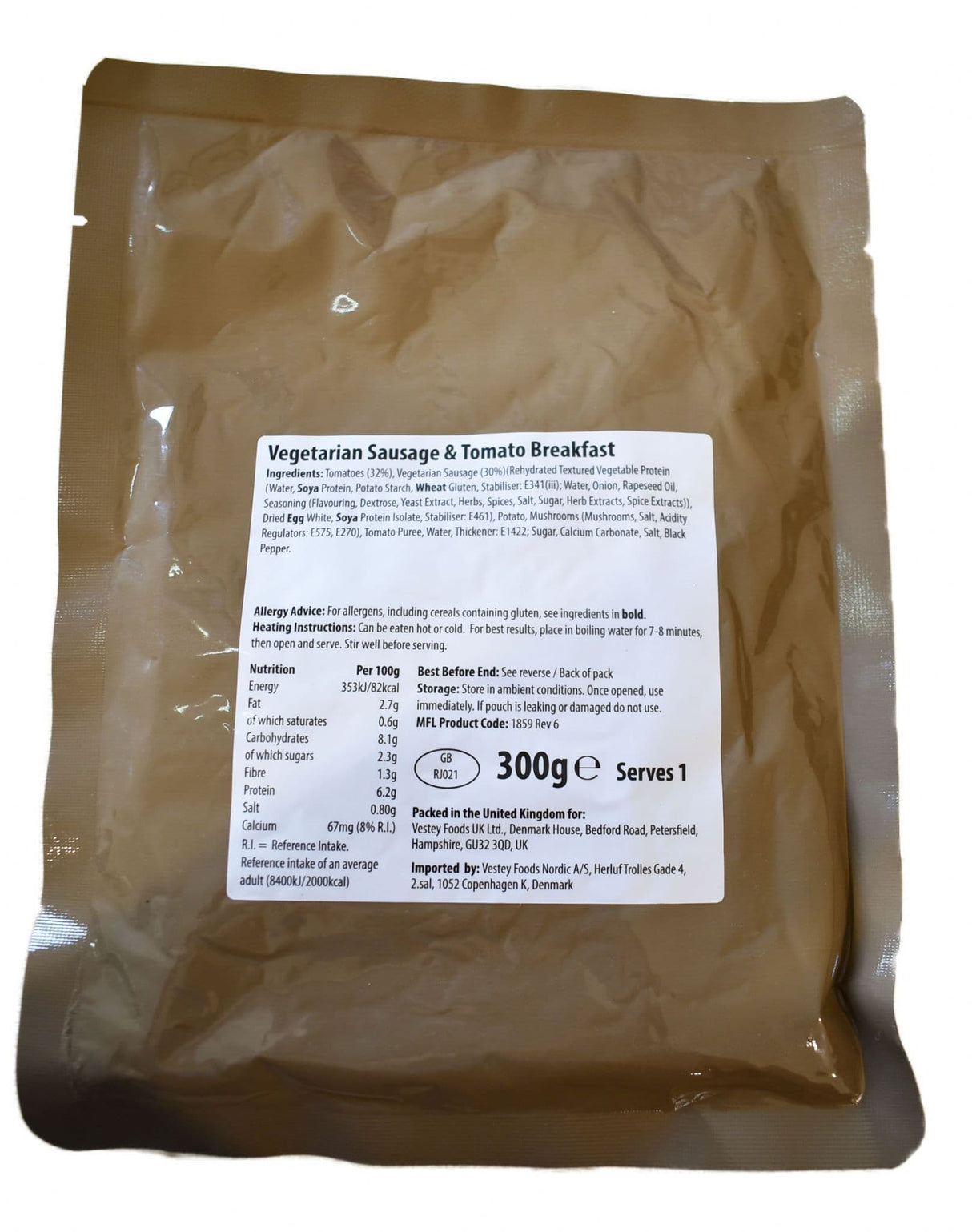 British Military Ration Main Meal Pouch - Vegetarian Sausage & Tomato Breakfast 300g