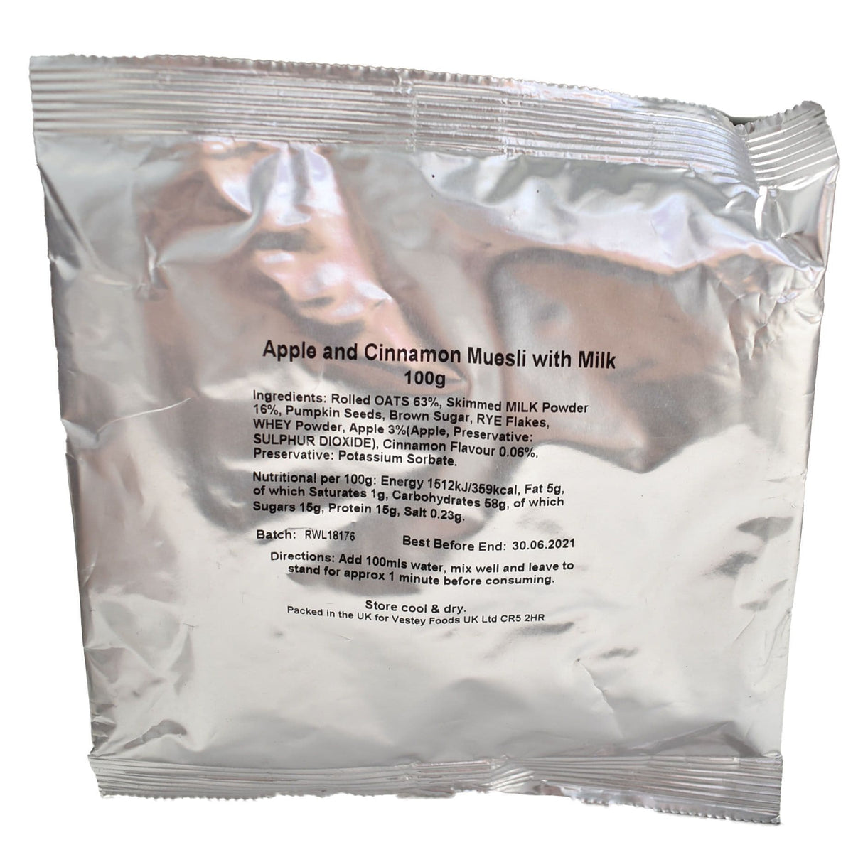 British Military Ration Meal Breakfast Pouch - Apple & Cinnamon Muesli With Milk 100g