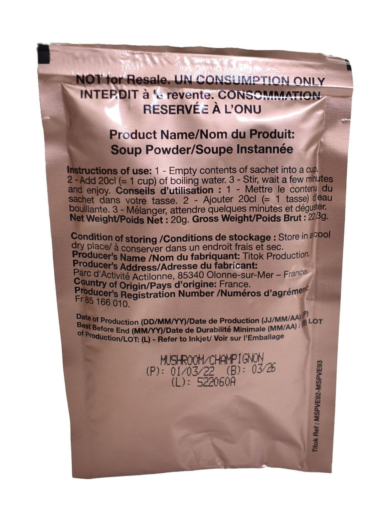 British Military Ration Pack Accessory - Mushroom Soup Powder 20g