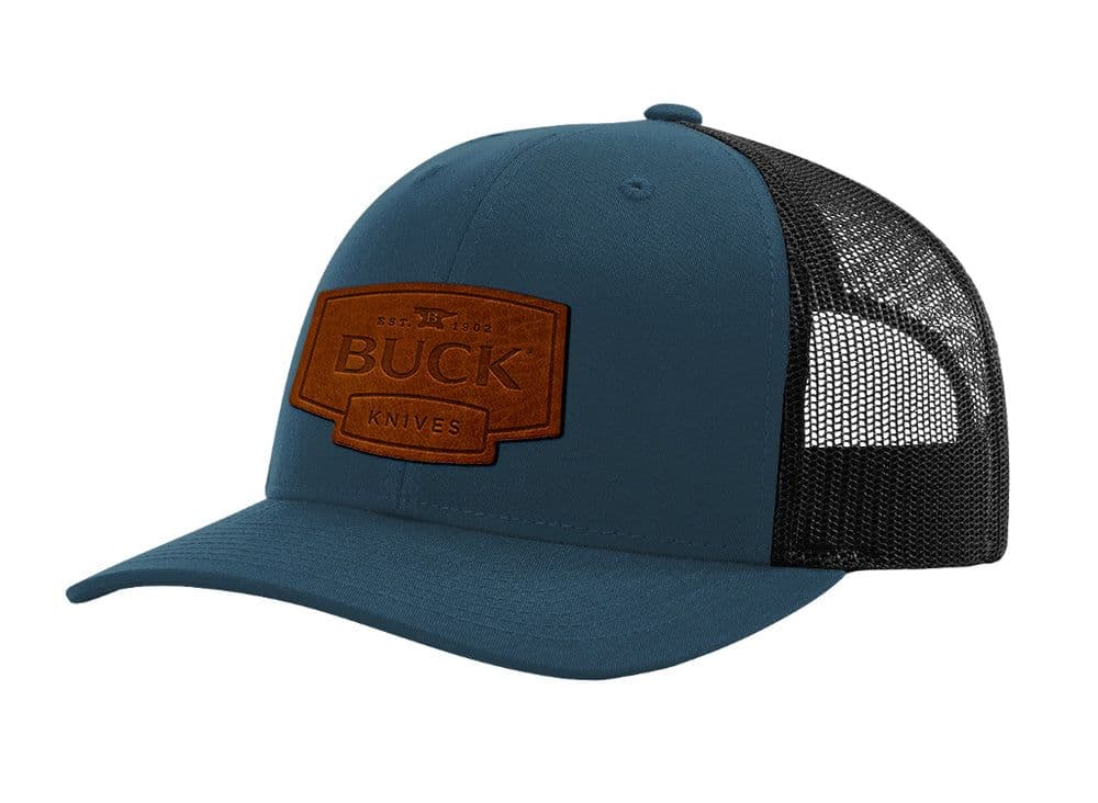 Buck Leather Patch Logo Trucker Hat - Blue