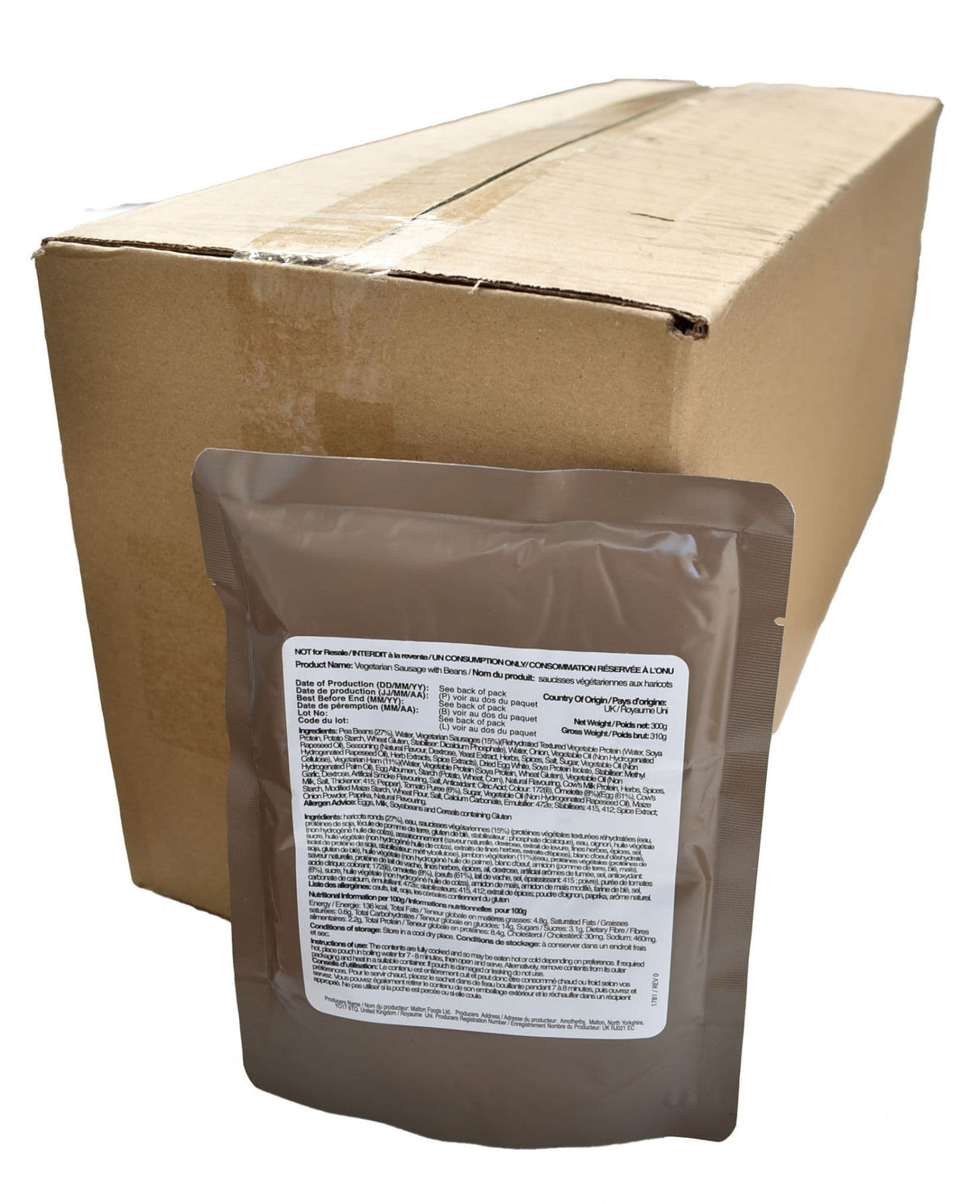 BULK BUY - British Military Ration Main Meal Pouch - Vegetarian Sausage & Beans 300g x 20