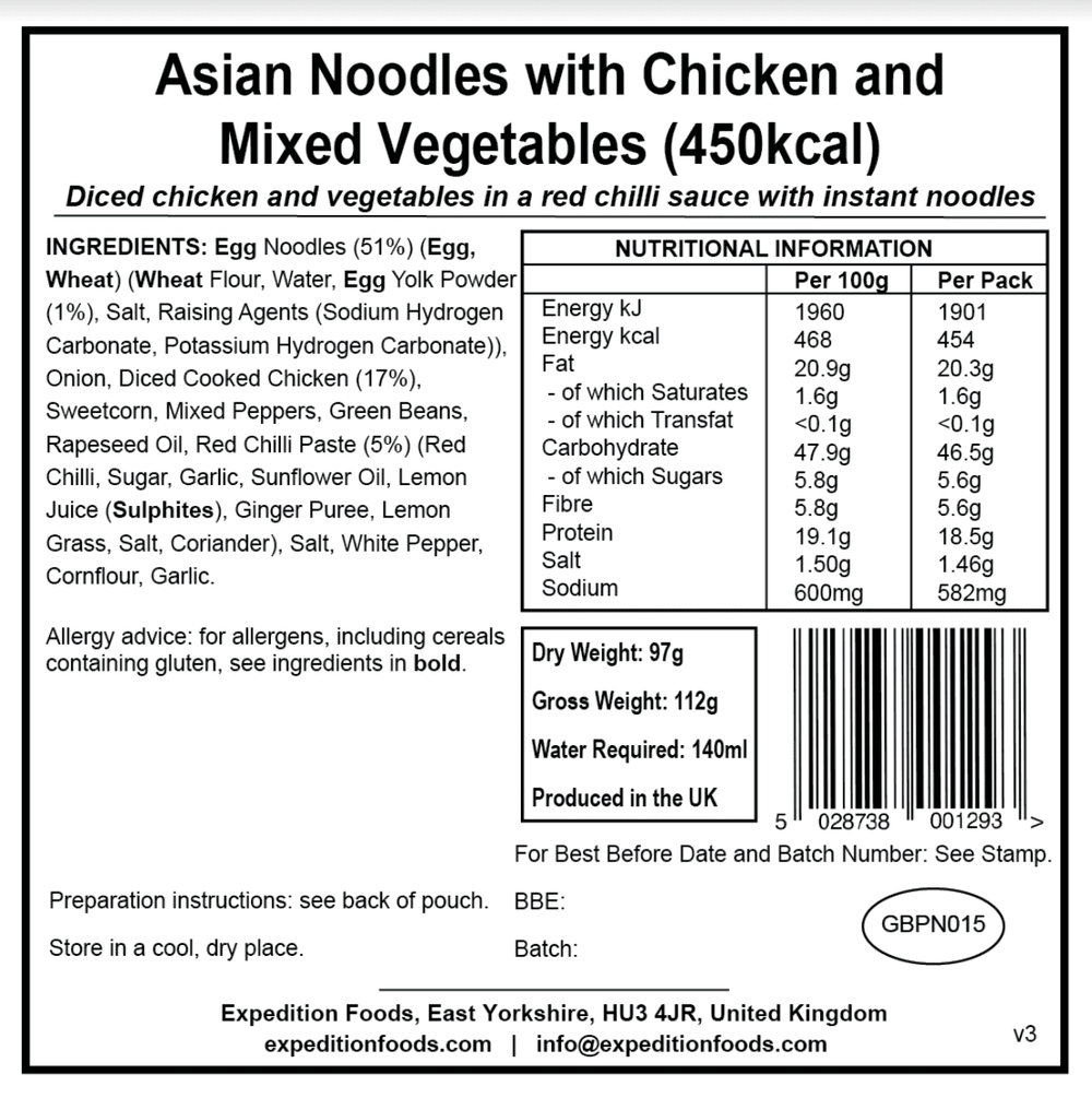 Expedition Foods Freeze Dried Meal Pouch - Asian Noodles With Chicken & Mixed Veg - Various Sizes