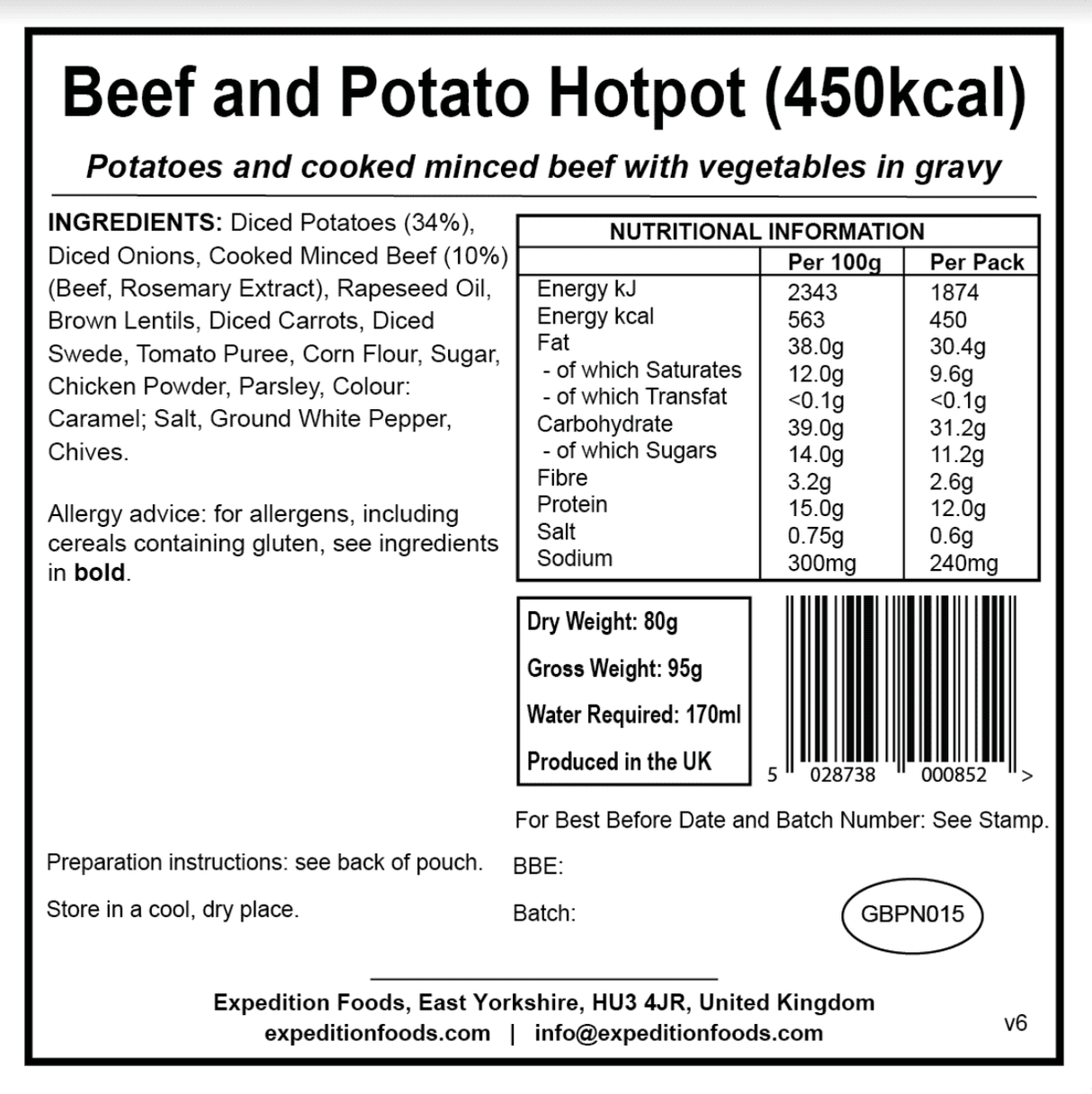 Expedition Foods Freeze Dried Meal Pouch - Beef And Potato Hotpot - Various Sizes