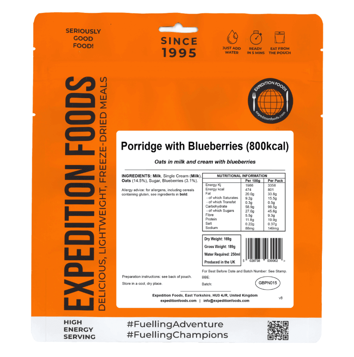 Expedition Foods Freeze Dried Meal Pouch - Breakfast Porridge With Blueberries - Various Sizes