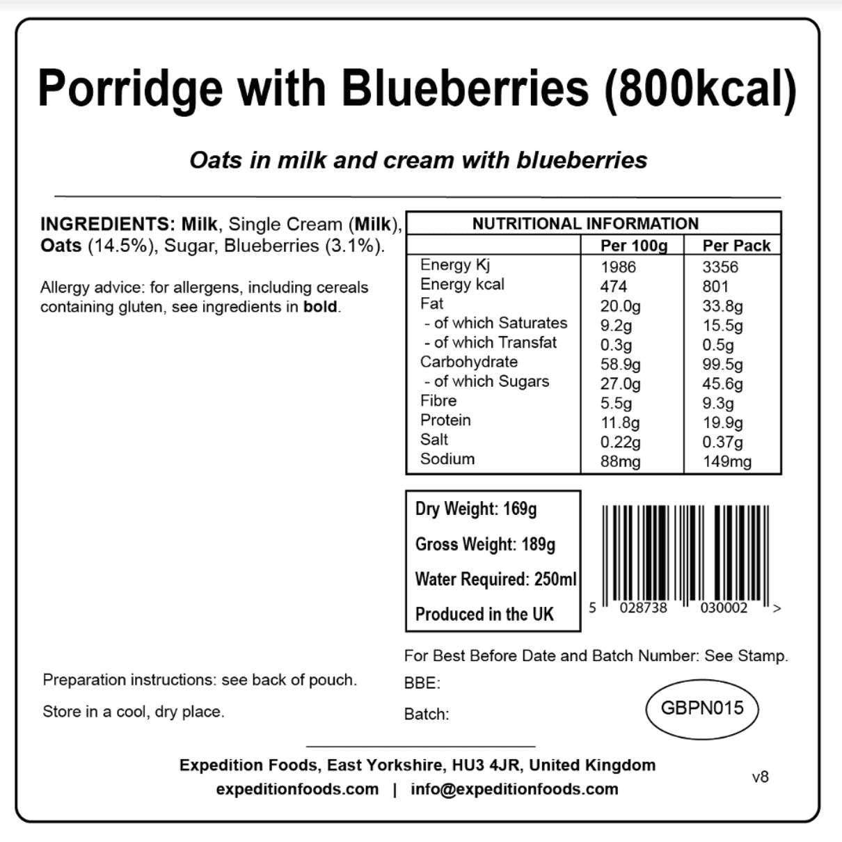 Expedition Foods Freeze Dried Meal Pouch - Breakfast Porridge With Blueberries - Various Sizes