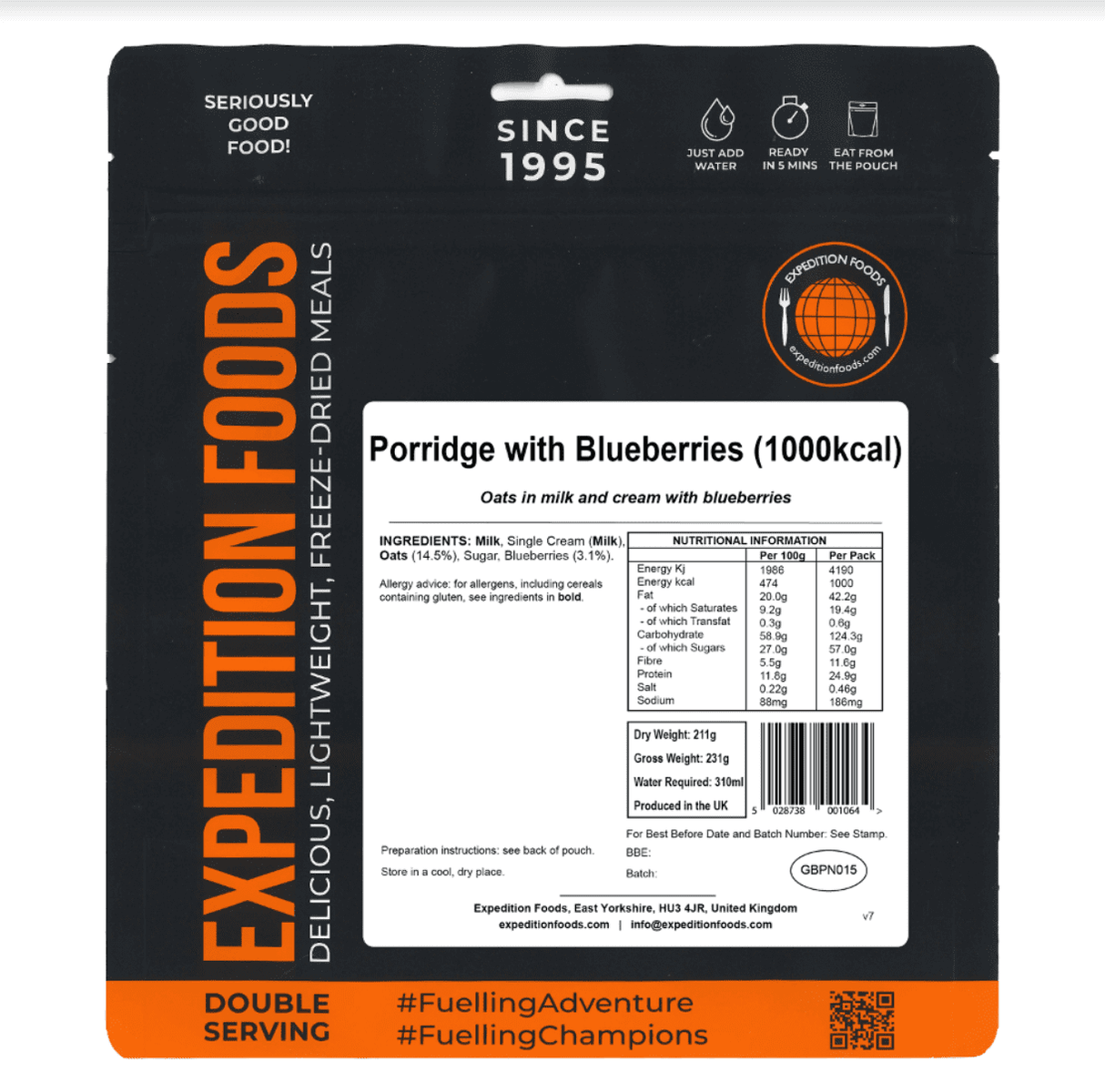 Expedition Foods Freeze Dried Meal Pouch - Breakfast Porridge With Blueberries - Various Sizes