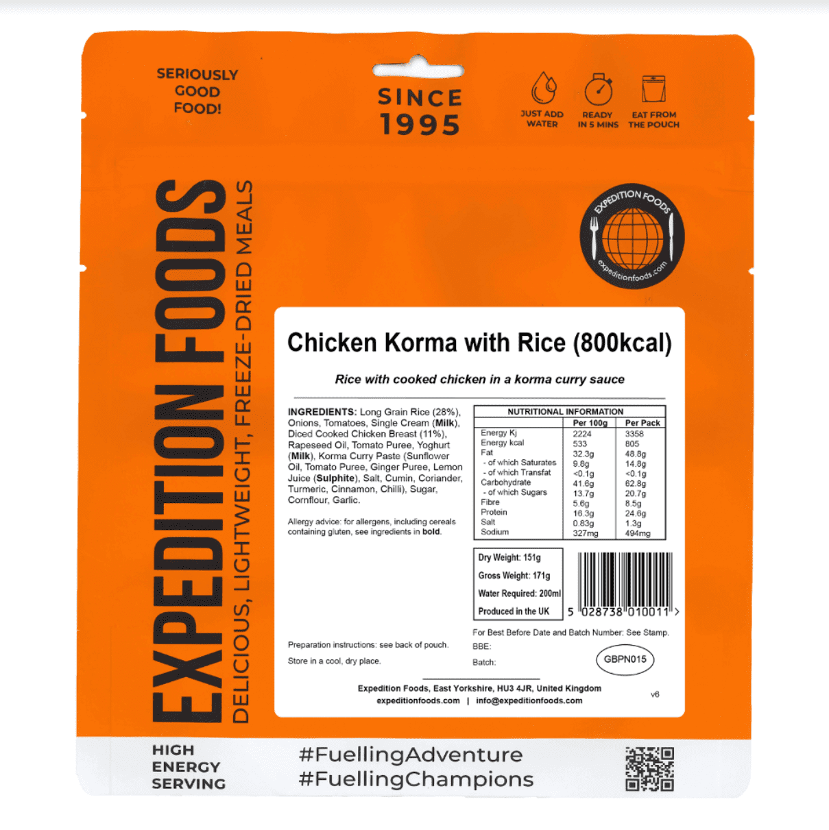 Expedition Foods Freeze Dried Meal Pouch - Chicken Korma With Rice - Various Sizes