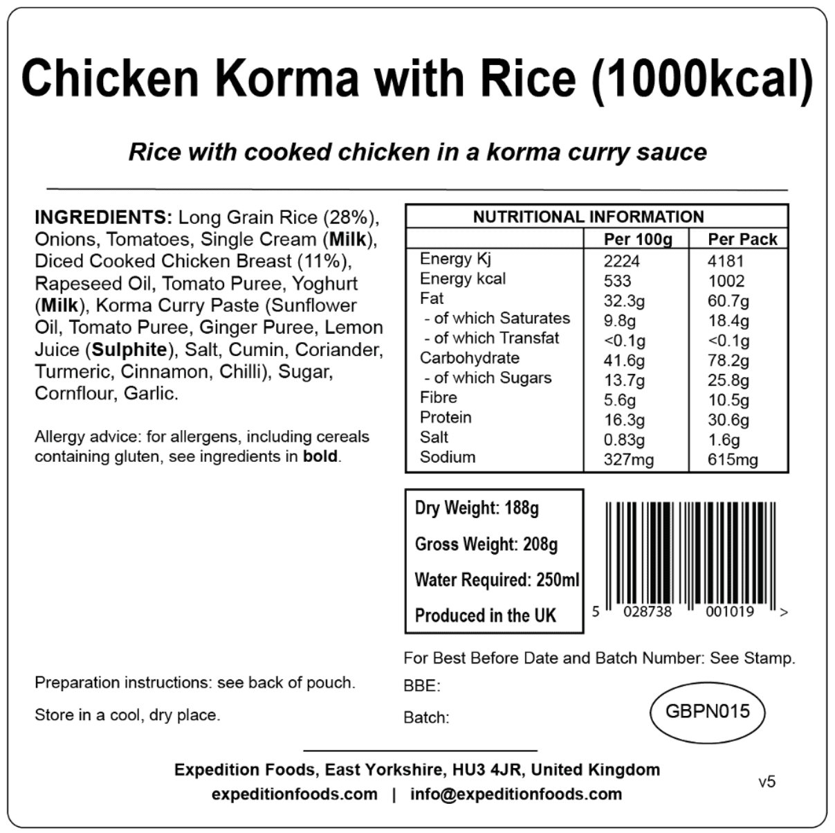 Expedition Foods Freeze Dried Meal Pouch - Chicken Korma With Rice - Various Sizes