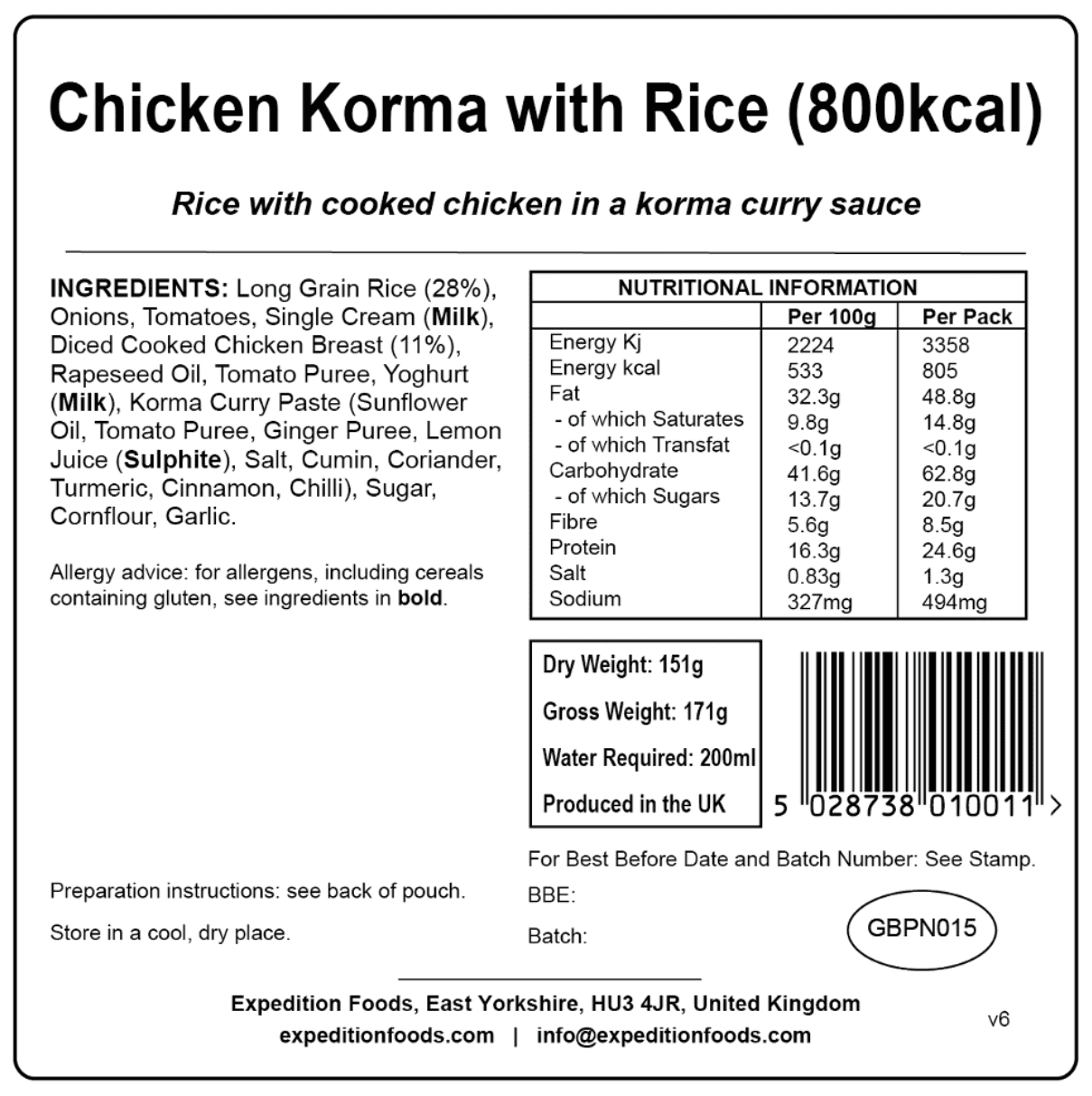 Expedition Foods Freeze Dried Meal Pouch - Chicken Korma With Rice - Various Sizes