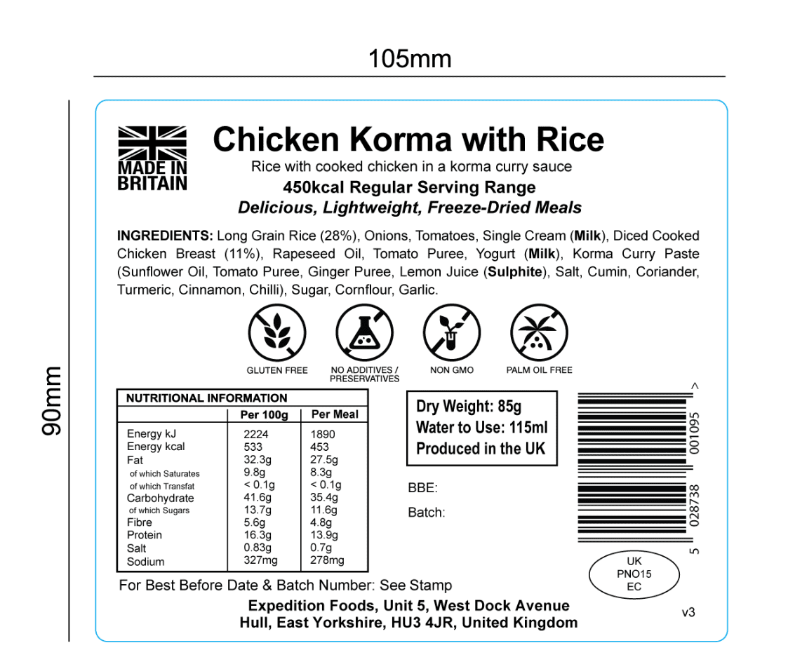 Expedition Foods Freeze Dried Meal Pouch - Chicken Korma With Rice - Various Sizes