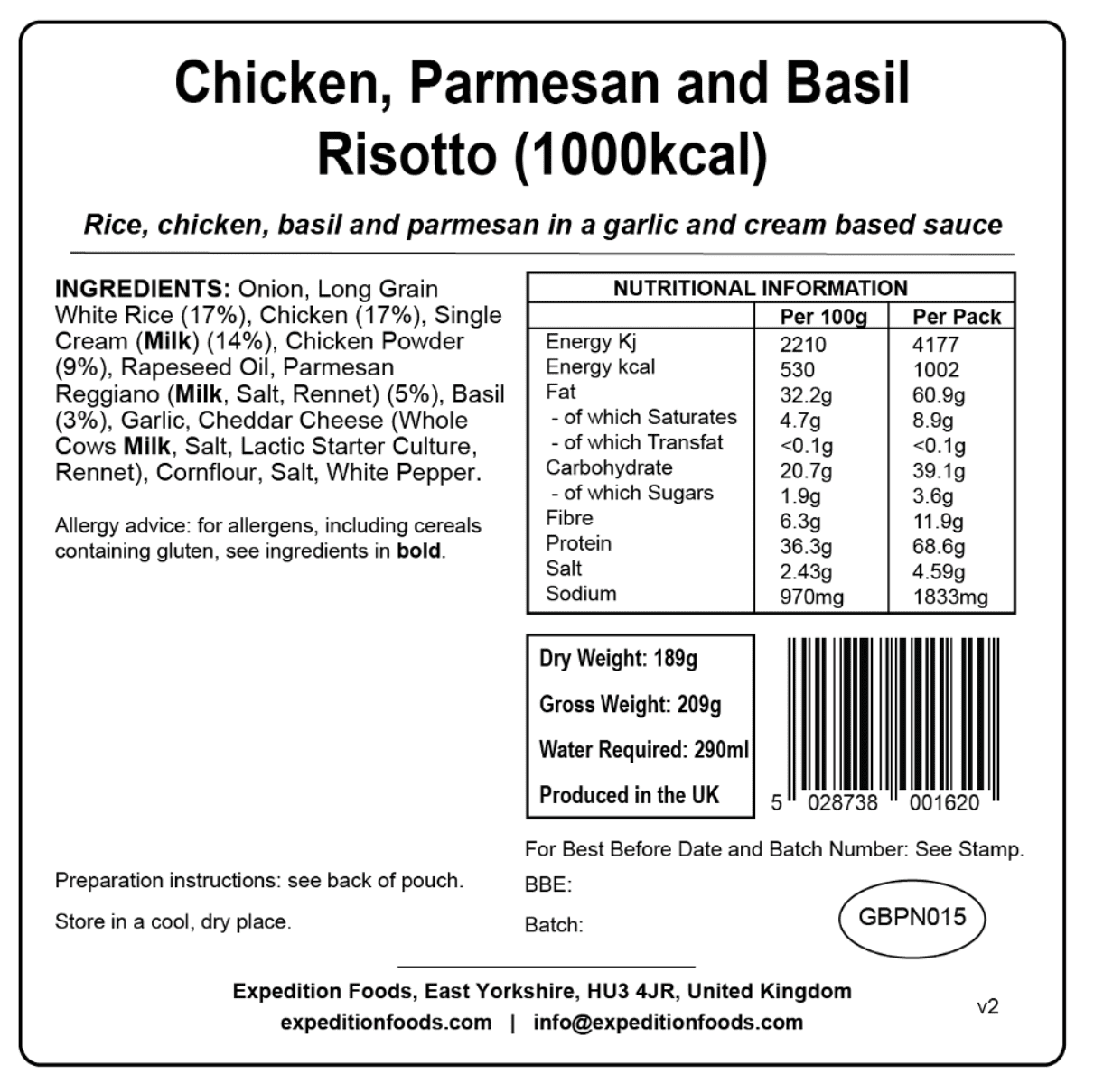 Expedition Foods Freeze Dried Meal Pouch - Chicken, Parmesan & Basil Risotto - Various Sizes