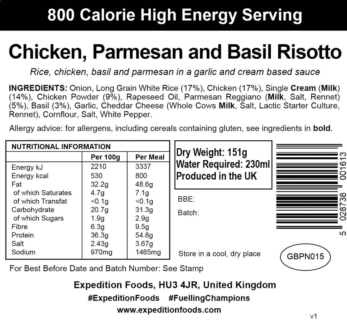 Expedition Foods Freeze Dried Meal Pouch - Chicken, Parmesan & Basil Risotto - Various Sizes