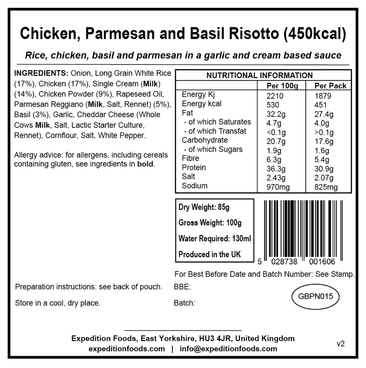 Expedition Foods Freeze Dried Meal Pouch - Chicken, Parmesan & Basil Risotto - Various Sizes