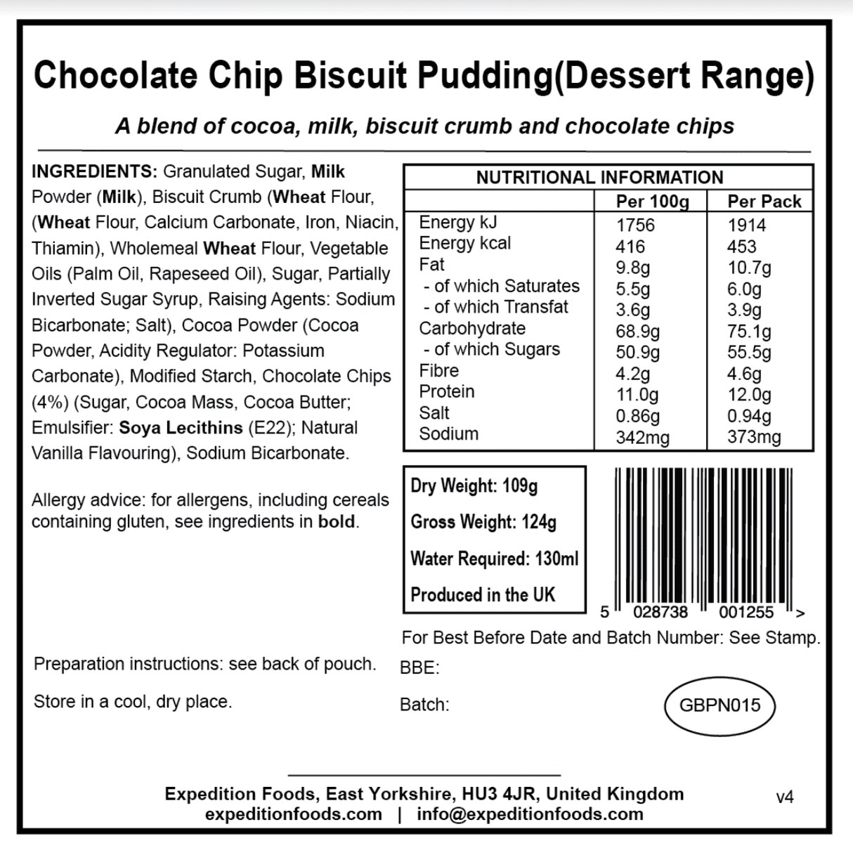 Expedition Foods Freeze Dried Meal Pouch - Chocolate Chip Biscuit Pudding Dessert