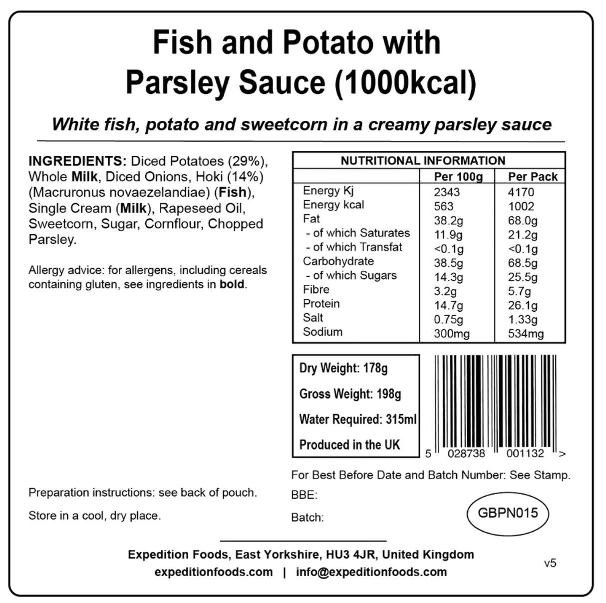 Expedition Foods Freeze Dried Meal Pouch - Fish And Potato With Parsley Sauce - Various Sizes