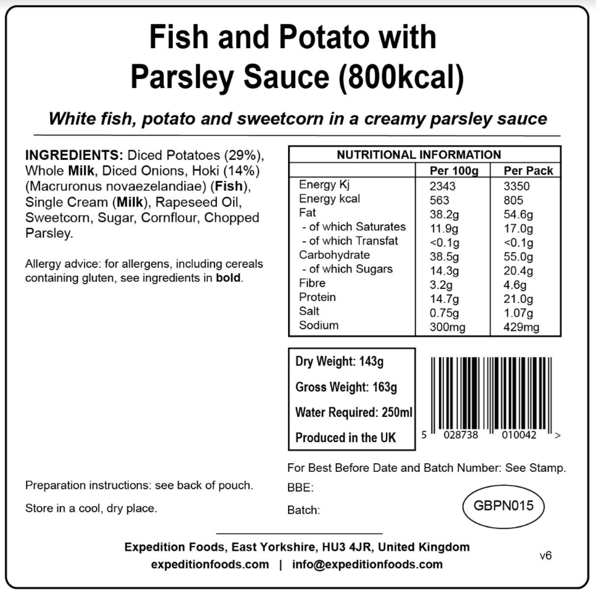 Expedition Foods Freeze Dried Meal Pouch - Fish And Potato With Parsley Sauce - Various Sizes