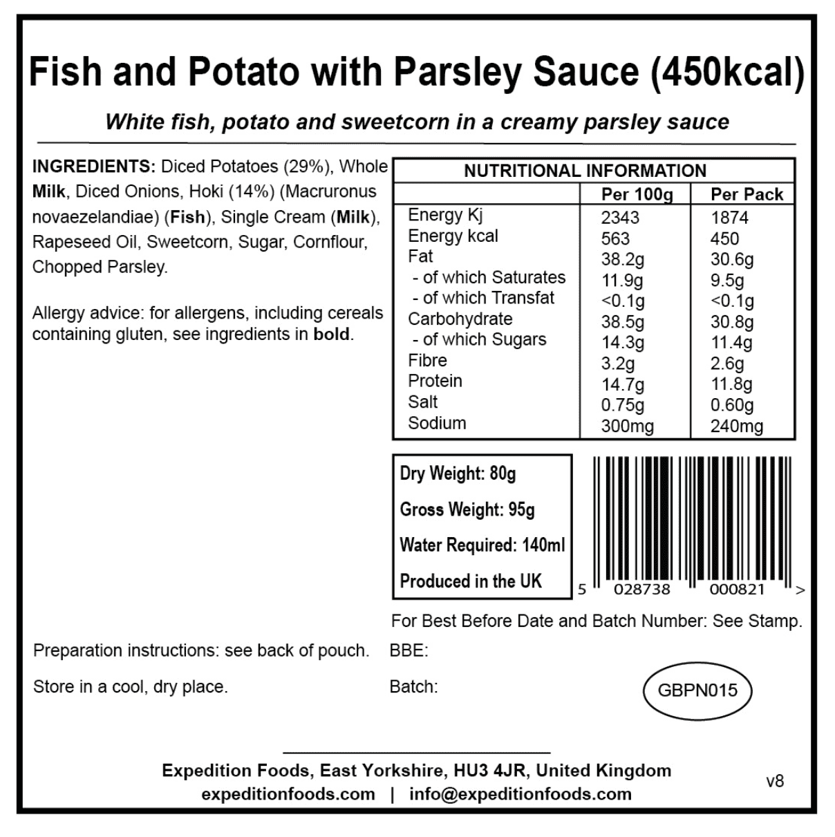 Expedition Foods Freeze Dried Meal Pouch - Fish And Potato With Parsley Sauce - Various Sizes