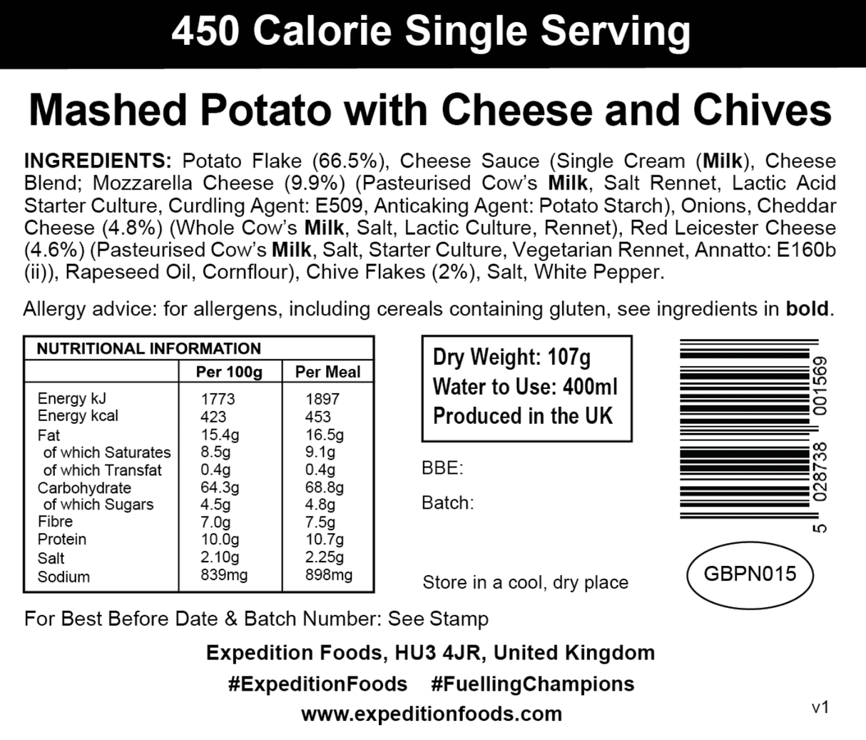 Expedition Foods Freeze Dried Meal Pouch - Mashed Potato With Cheese & Chives