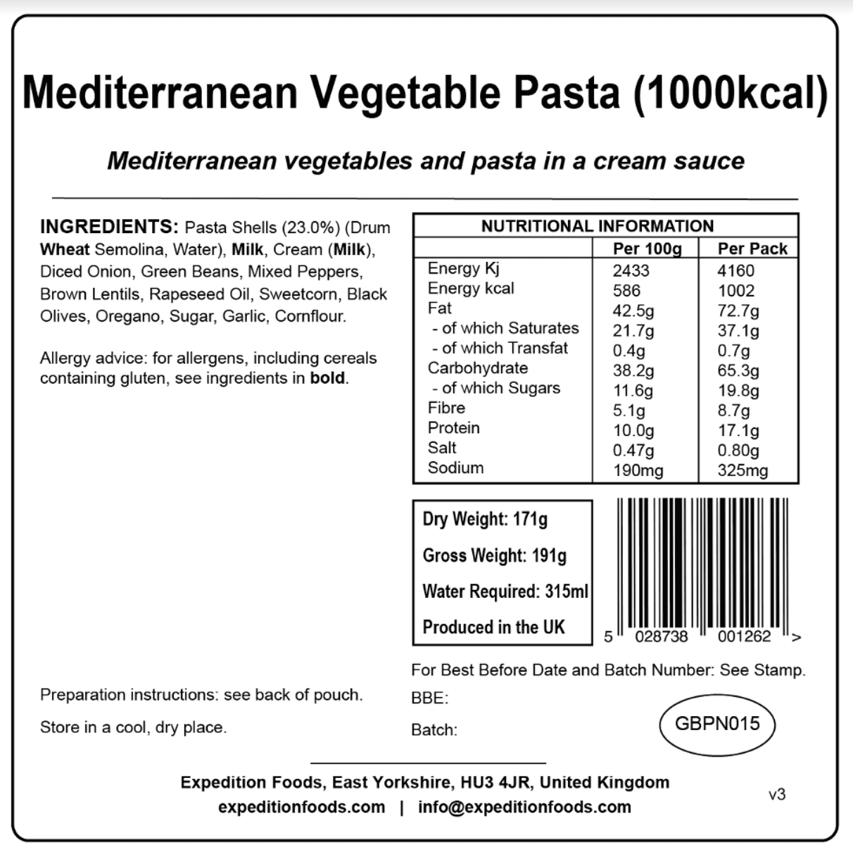 Expedition Foods Freeze Dried Meal Pouch - Mediterranean Vegetable Pasta - Various Sizes