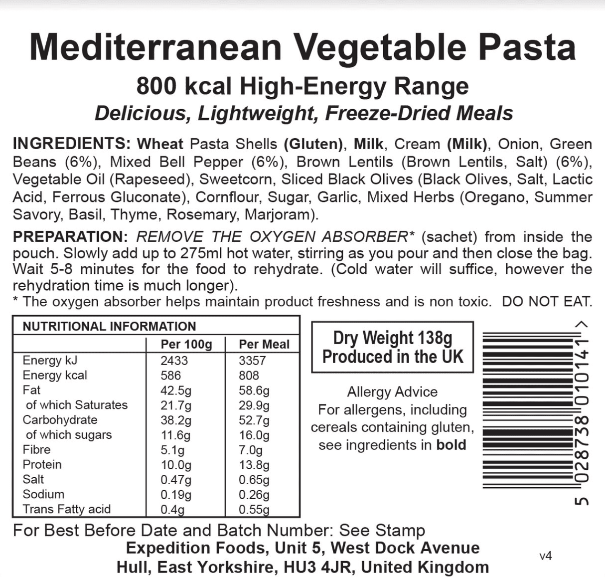 Expedition Foods Freeze Dried Meal Pouch - Mediterranean Vegetable Pasta - Various Sizes