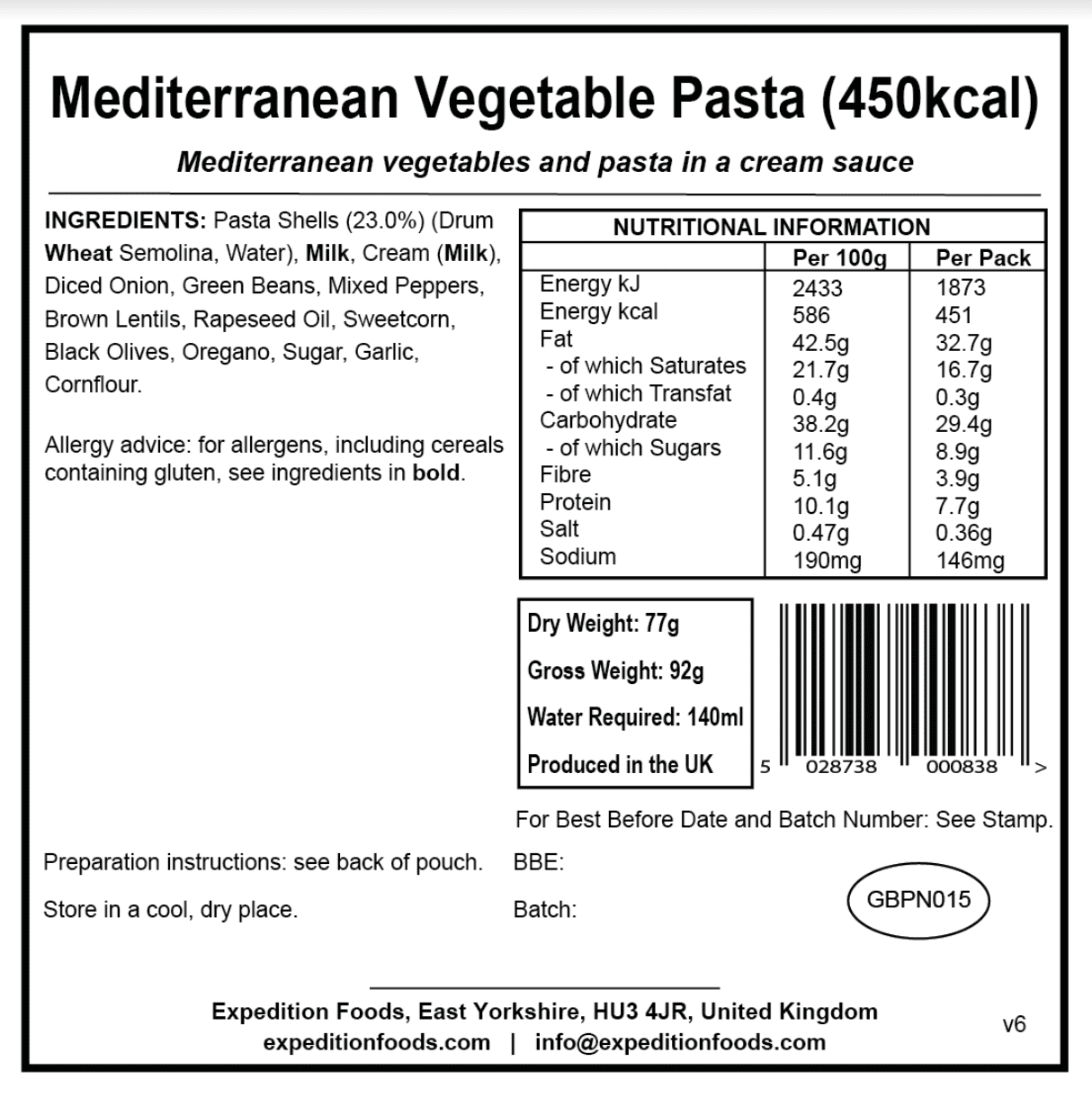 Expedition Foods Freeze Dried Meal Pouch - Mediterranean Vegetable Pasta - Various Sizes