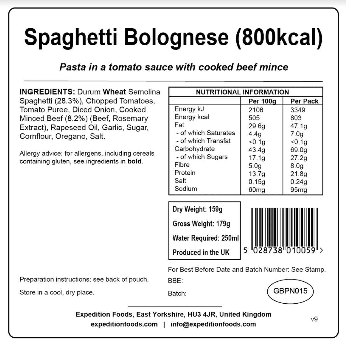 Expedition Foods Freeze Dried Meal Pouch - Spaghetti Bolognese - Various Sizes