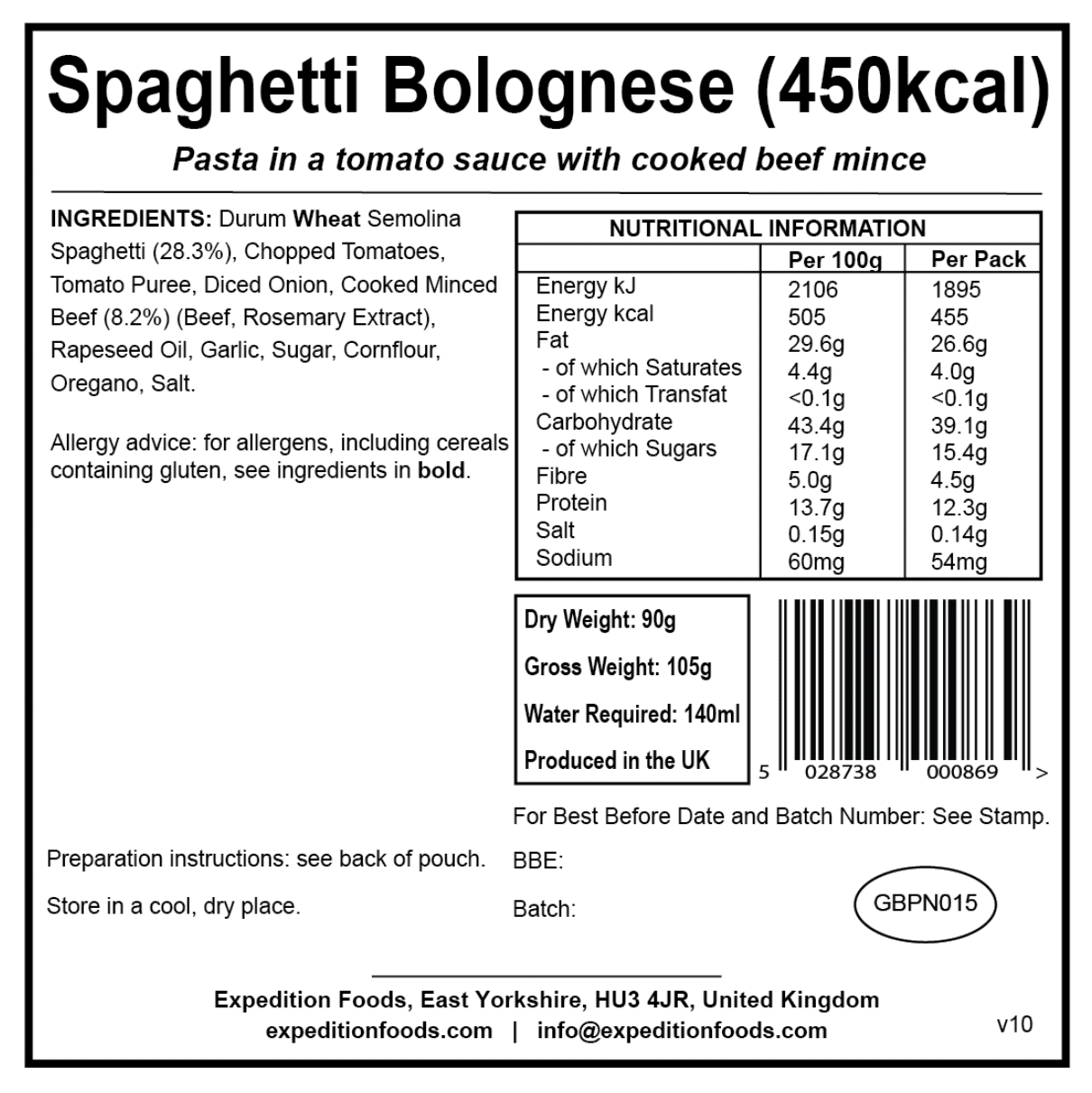 Expedition Foods Freeze Dried Meal Pouch - Spaghetti Bolognese - Various Sizes