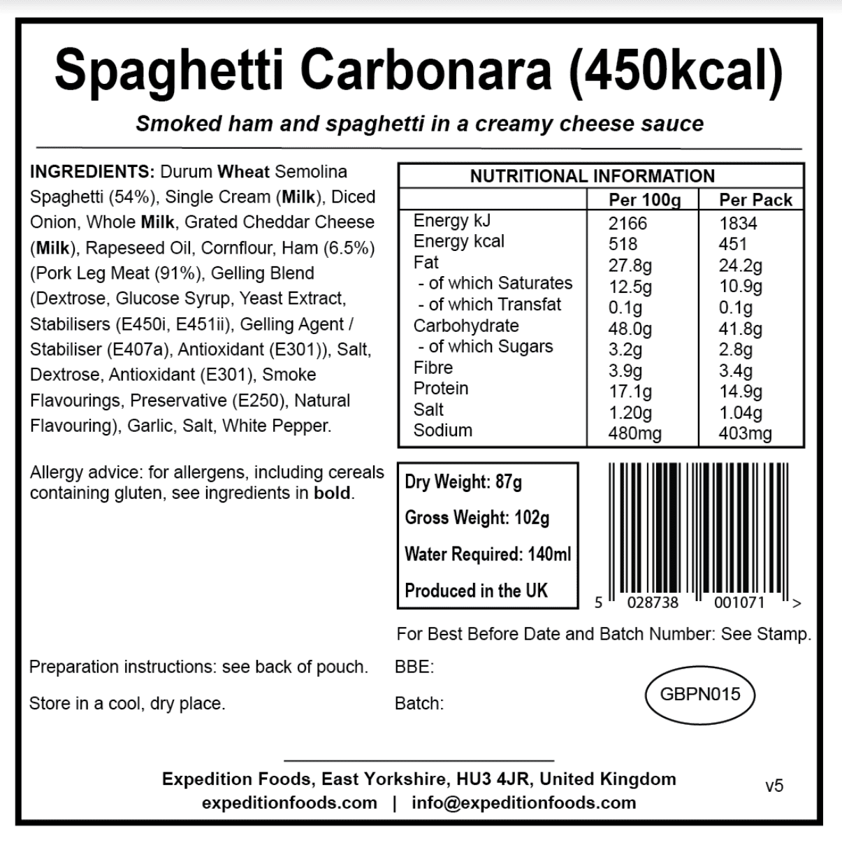 Expedition Foods Freeze Dried Meal Pouch - Spaghetti Carbonara - Various Sizes