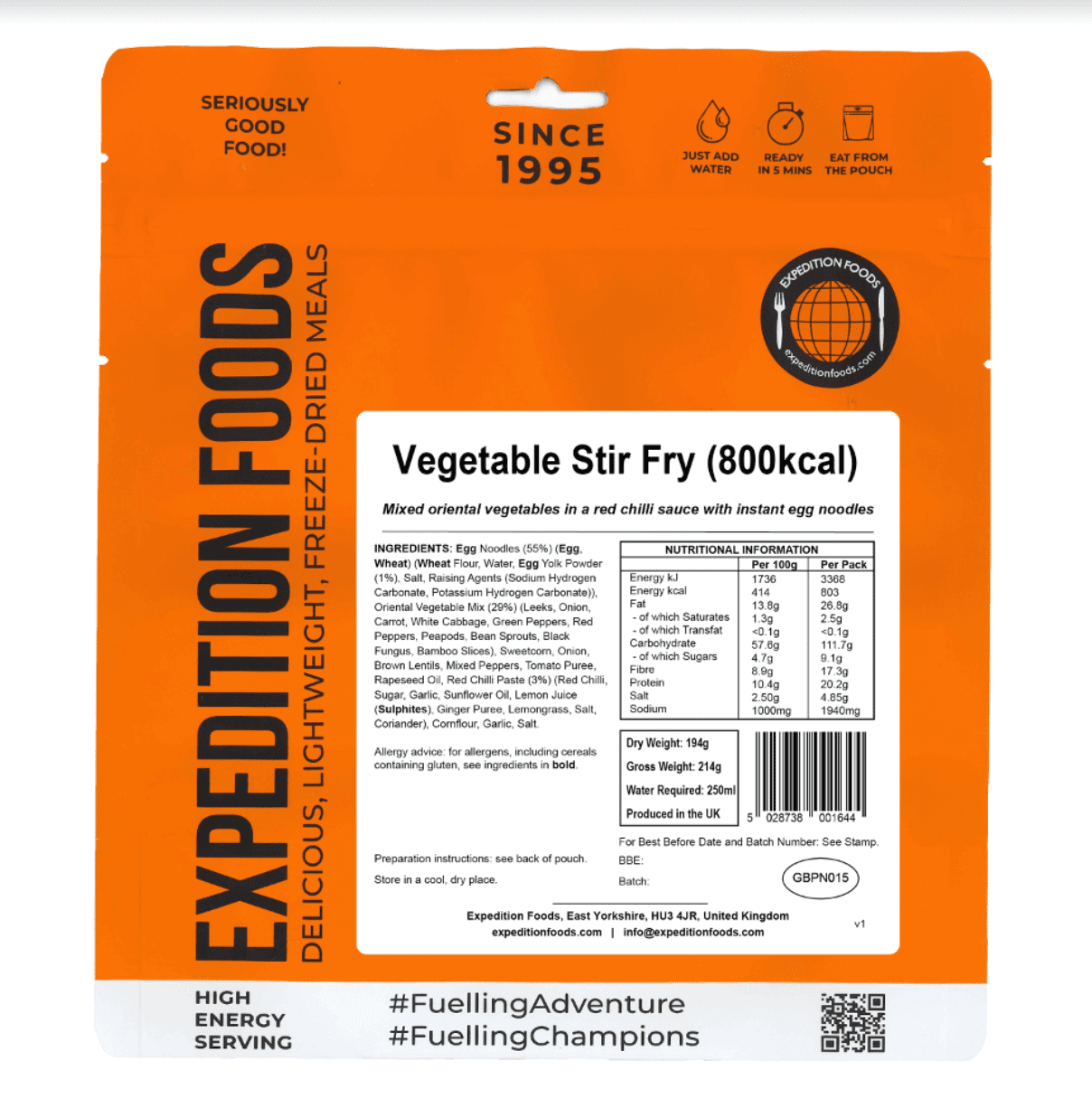 Expedition Foods Freeze Dried Meal Pouch - Vegetable Stir Fry - Various Sizes