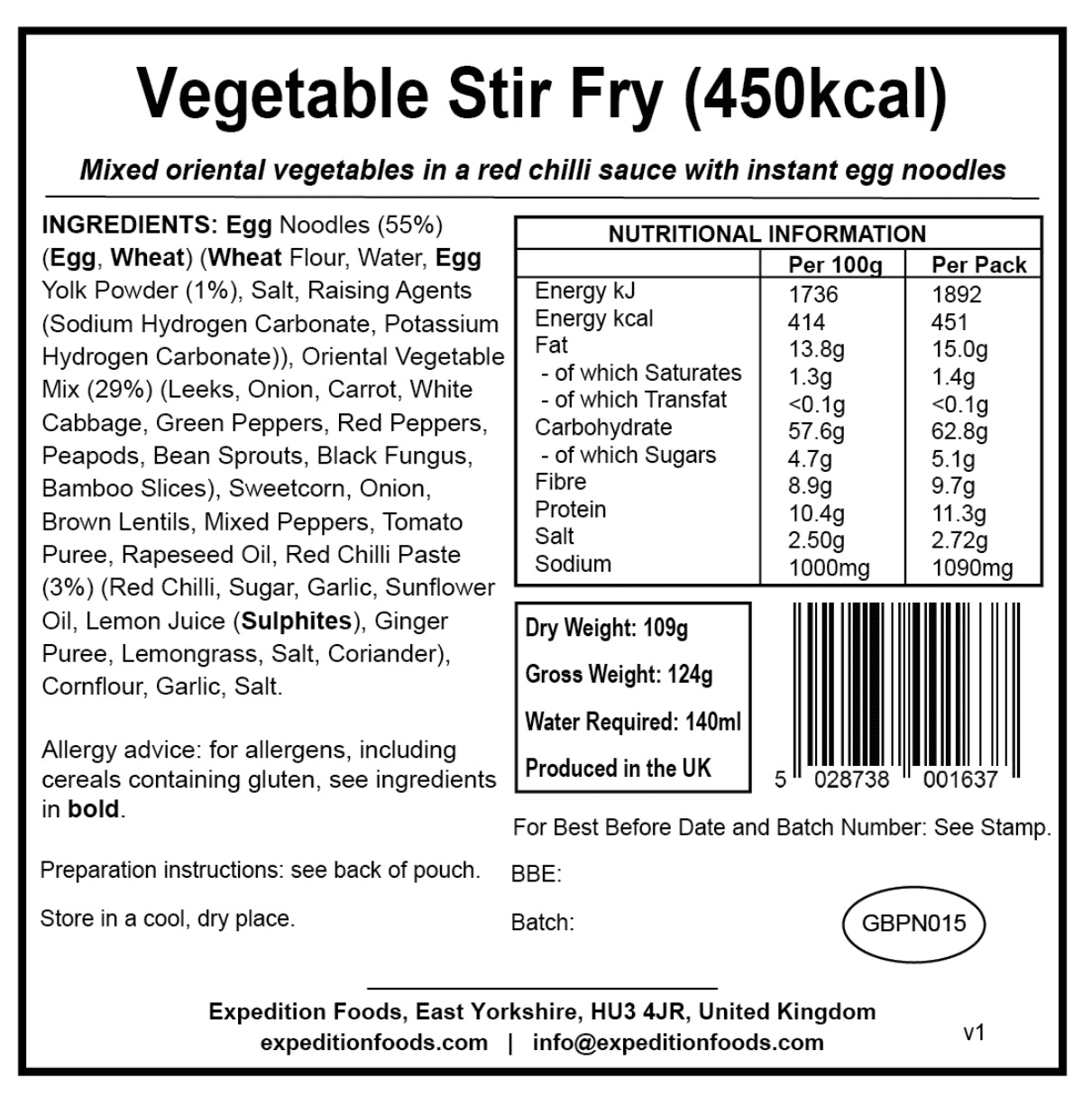 Expedition Foods Freeze Dried Meal Pouch - Vegetable Stir Fry - Various Sizes