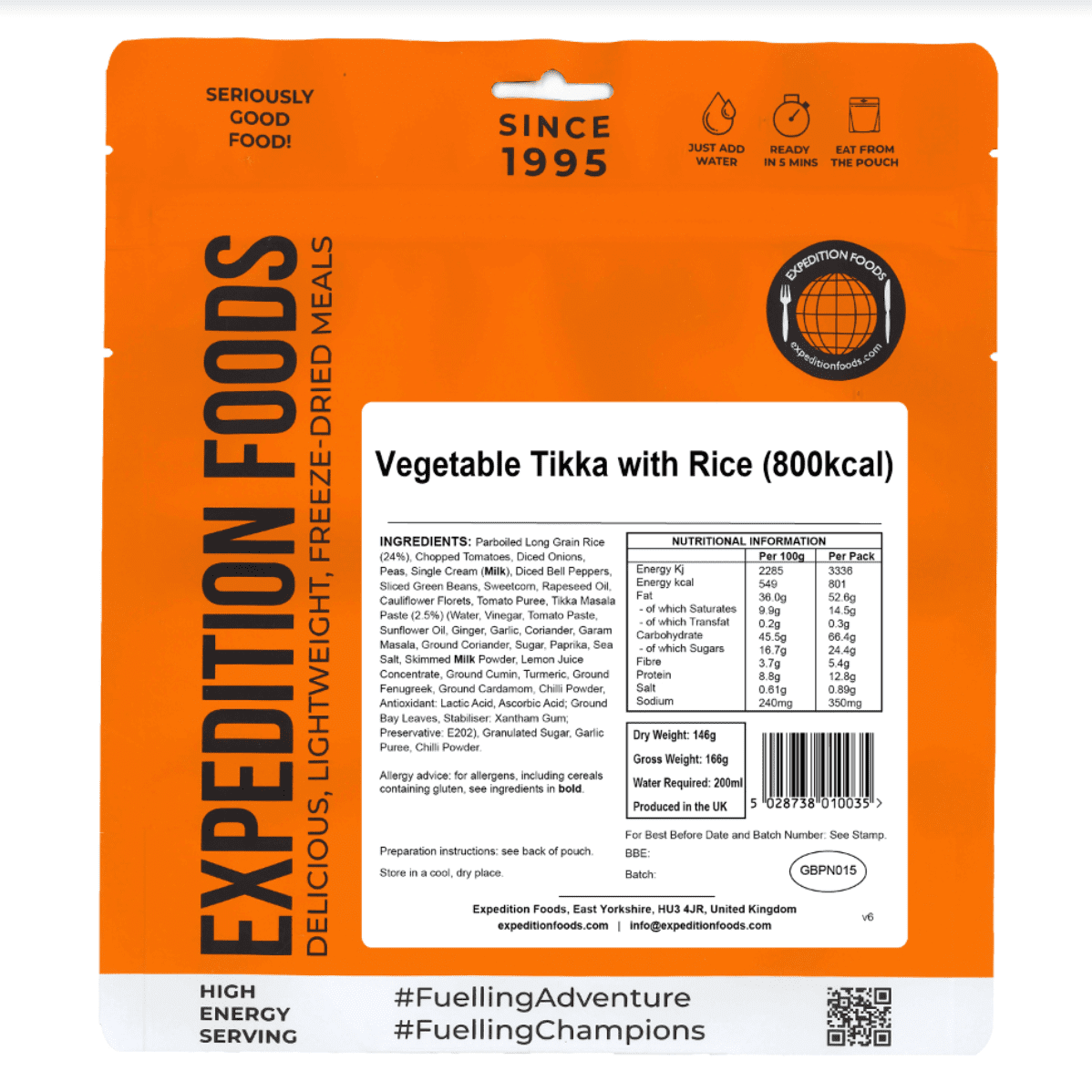 Expedition Foods Freeze Dried Meal Pouch - Vegetable Tikka With Rice - Various Sizes