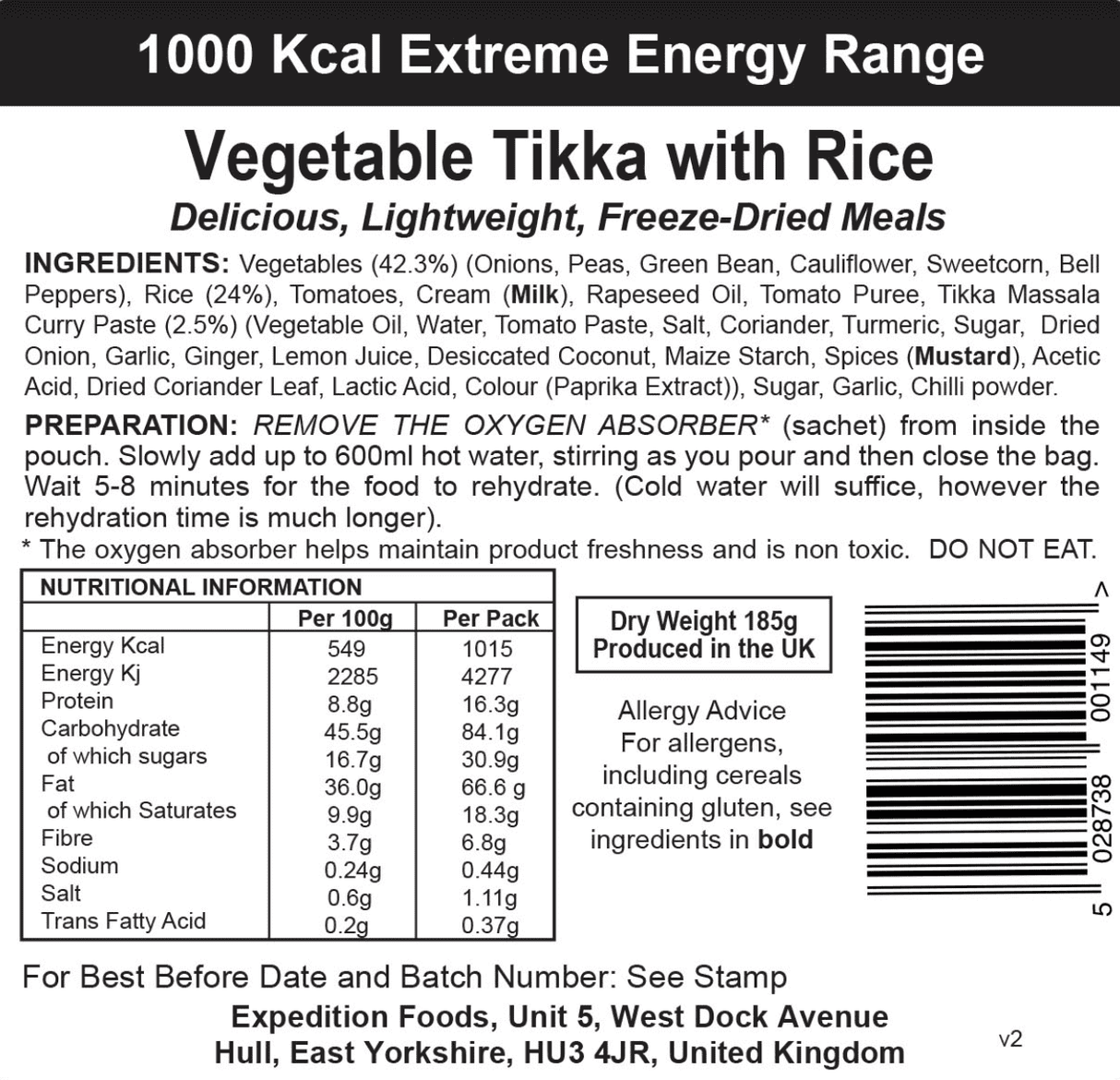 Expedition Foods Freeze Dried Meal Pouch - Vegetable Tikka With Rice - Various Sizes