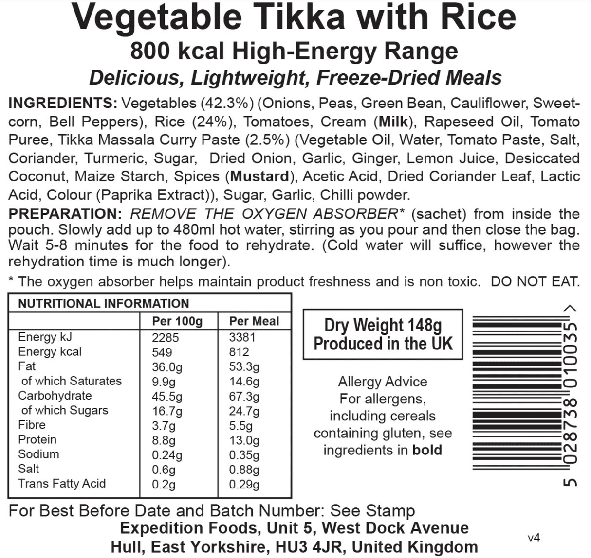 Expedition Foods Freeze Dried Meal Pouch - Vegetable Tikka With Rice - Various Sizes