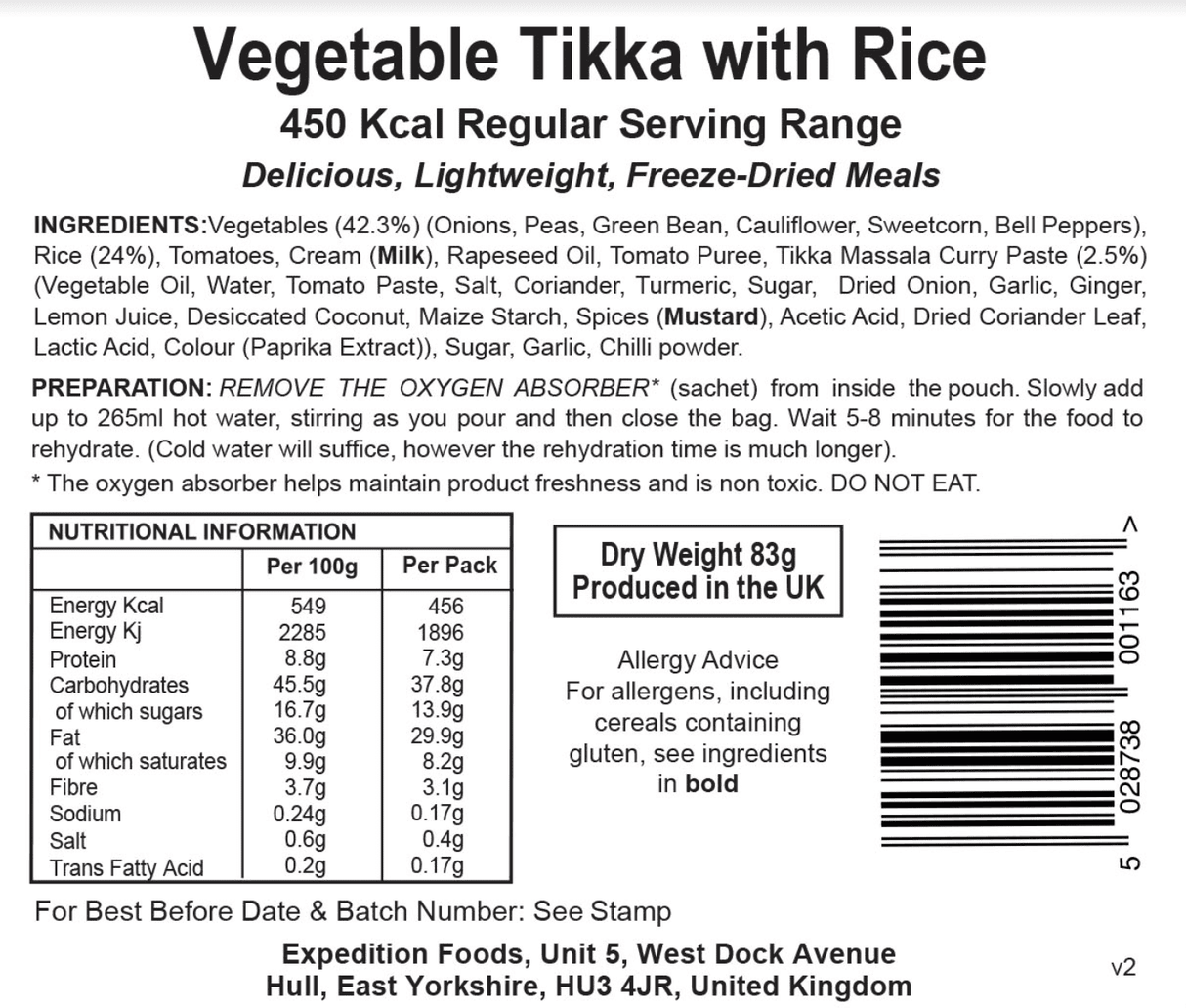 Expedition Foods Freeze Dried Meal Pouch - Vegetable Tikka With Rice - Various Sizes