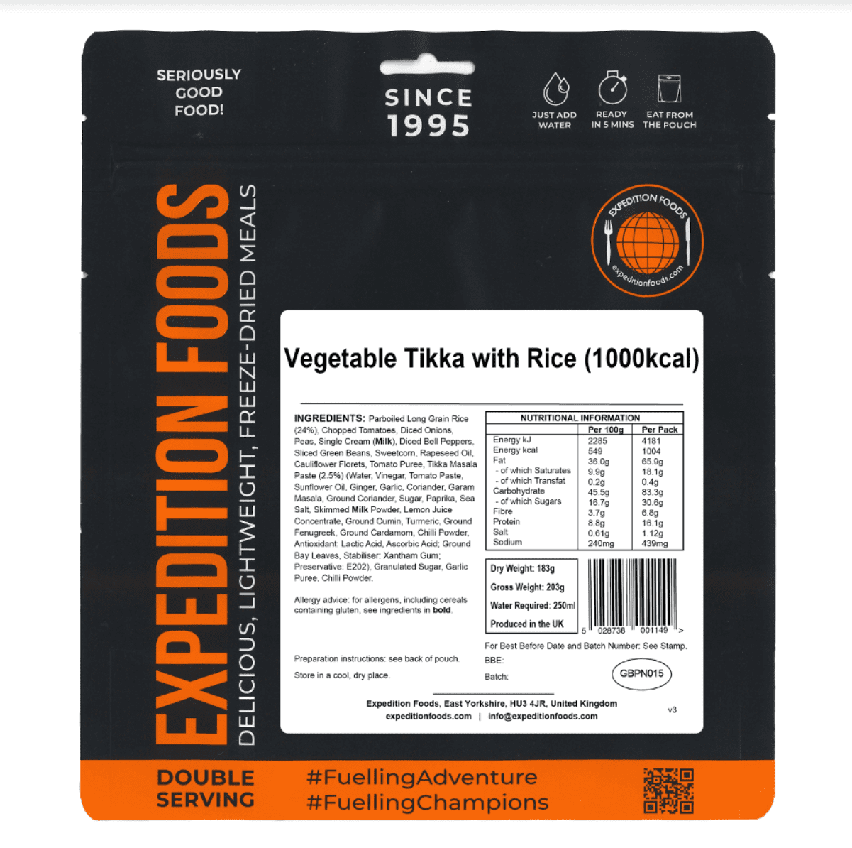 Expedition Foods Freeze Dried Meal Pouch - Vegetable Tikka With Rice - Various Sizes