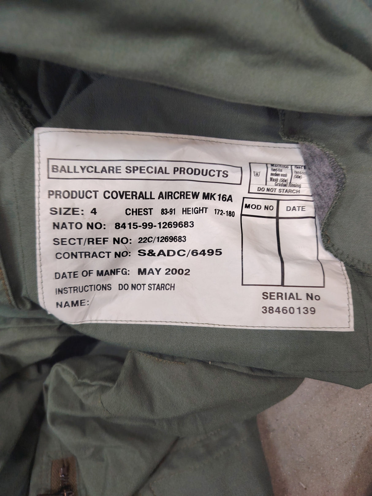 British Military Issue MK16A Aircrew Flying Suit Coveralls - Green