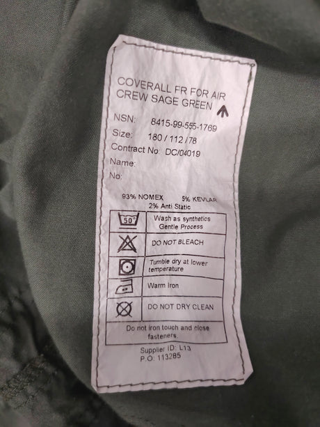 British Military Fire Retardant Air Crew Coveralls - Sage Green