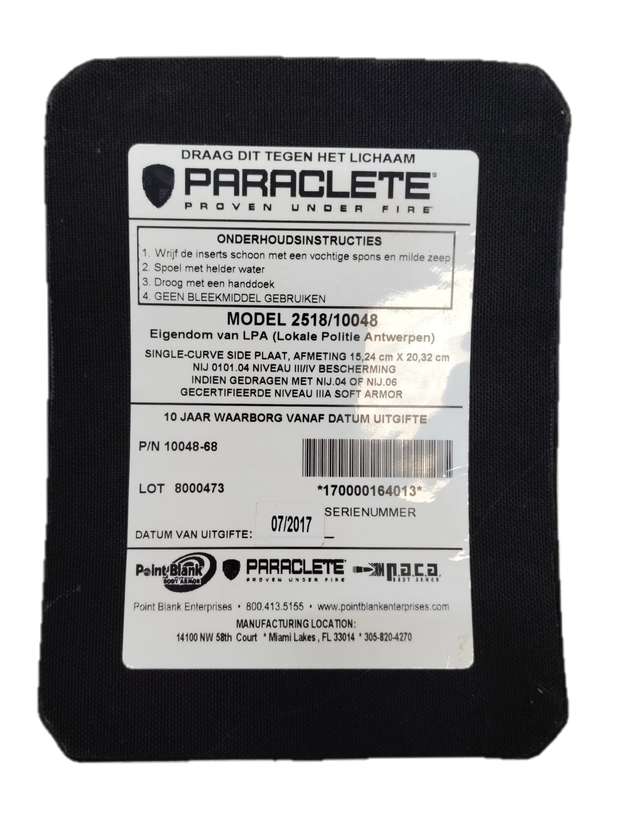Police Paraclete Single Curve Level 3 Bullet Proof Ballistic Plate