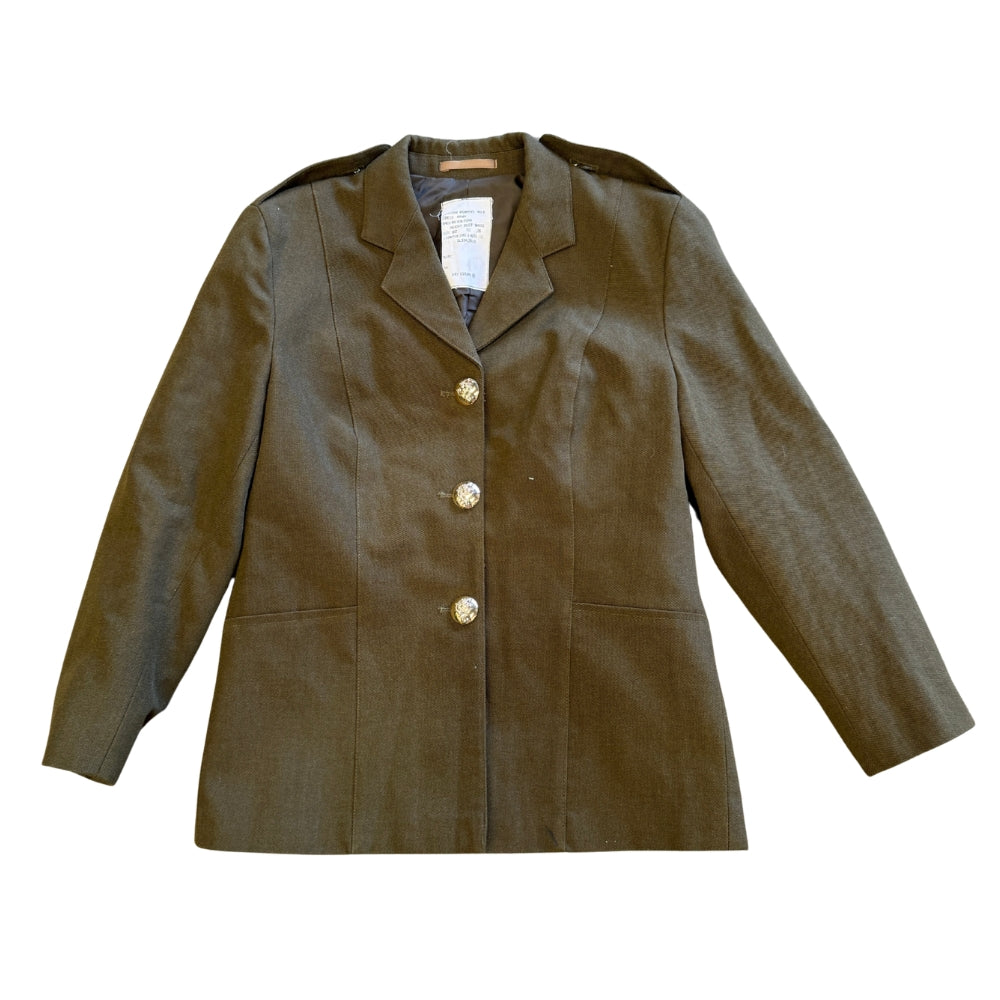 Khaki military-style jacket with gold buttons on a white background