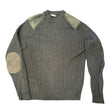 A ribbed knit sweater in dark gray with contrasting light beige shoulder panels and elbow patches, shown flat against a white background.