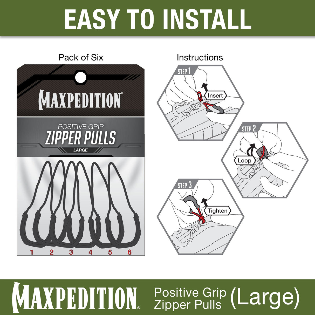 Maxpedition Large Black PZL Positive Zipper Pulls Pack of 6