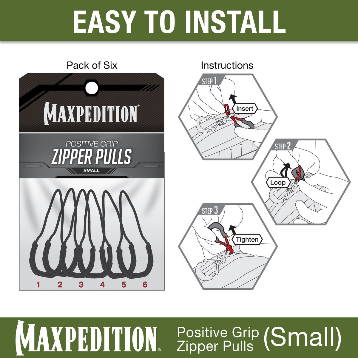 Maxpedition Small EMS Red PZL Positive Grip Zipper PullsPack of 6