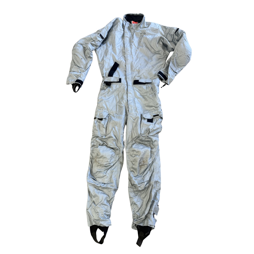 Gray protective suit with black accents on a white background