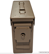 Brown metal ammunition canister on a white background