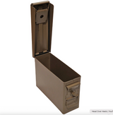 Brown metal ammunition box with open lid on a white background